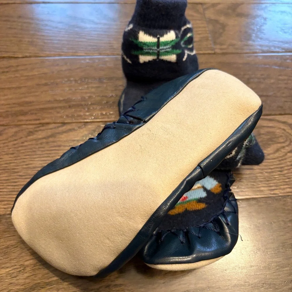Hanna Andersson Slippers Sz 12-1Y Gnome Candy Cane Slippers Moccasins Navy Cozy‎